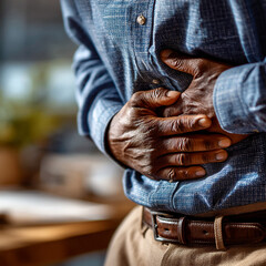 Fototapeta premium Person suffering from acute stomach ache holding hand on abdomen with abdominal, discomfort