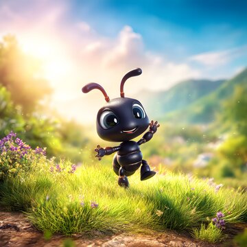 Cute Cartoon Ant Character Walking in a Grassy Field on a Sunny Day, 3D Rendering