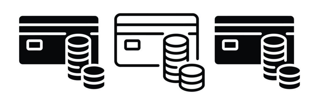 Credit card and coin stack icon set. Electronic payment, online banking, financial savings, commerce cashback, and digital transaction symbol. Black and white outline glyph vector illustration