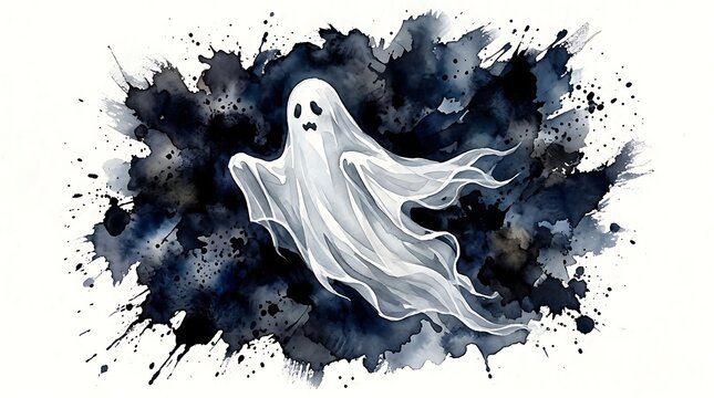 Watercolor illustration of a spooky ghost isolated on white background