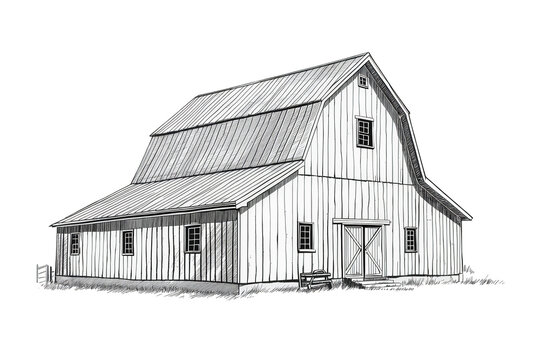 Hand drawing traditional american barn, rustic farmhouse architecture, agriculture building on transparent background