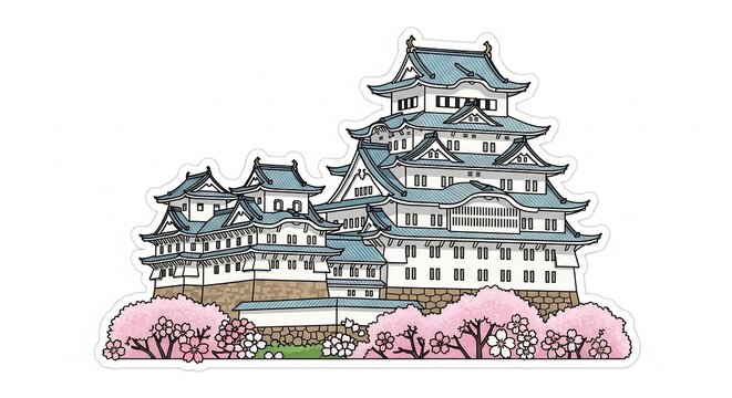春の光に映える壮麗な日本の城 満開の桜が美しく彩る伝統的な風景イラスト. AI Generated
