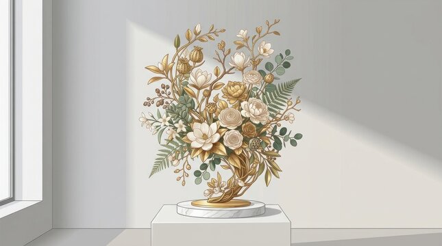A decorative floral arrangement with gold and white flowers, green leaves, and a golden base, placed on a white pedestal in a well-lit room with a window in the background.