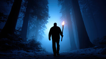 Fototapeta premium A lone figure walks through a dark, misty forest at night, holding a torch that illuminates the path ahead. The atmosphere is mysterious and adventurous, evoking a sense of exploration and discovery.