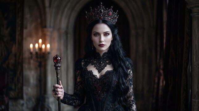 A vampire queen with ruby glowing eyes, luxurious gothic crown decorated with black diamonds, porcelain skin, elegant dark lace gown, cinematic fantasy portrait and clean backdrop