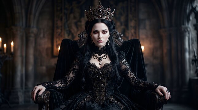 A vampire queen with ruby glowing eyes, aesthetically gothic crown decorated with black diamonds, porcelain skin, elegant dark lace gown, cinematic fantasy portrait and clean background