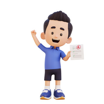 3D Little Boy Happy with Good Score Achievement Concept