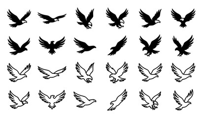 Fototapeta premium Flying Eagle Silhouette and Outline Vector Icon Set with Soaring Bird Logo Collection