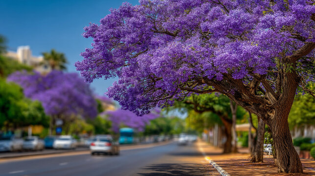 Purple blooming jacaranda trees lining a sunny city street in spring with jacaranda, flowering