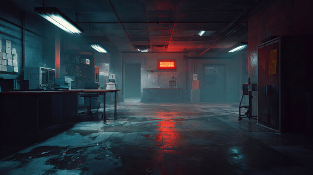 A dark, moody, and atmospheric abandoned room with flickering red lights and wet floors. The scene evokes a sense of mystery and desolation