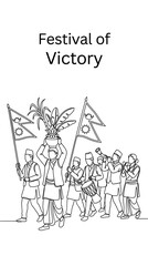 Obraz premium Line art illustration of a festive procession with flags and traditional musical instruments.