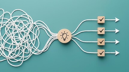 Fototapeta premium Tangled ropes transforming into straight lines through a lightbulb icon, symbolizing workflow optimization, problem solving, and innovative ideas