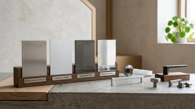 A collection of samples of different materials and textures, including a wooden block with a handle, 