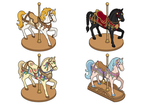 Set of Four Ornate Isometric Carousel Horse Illustrations