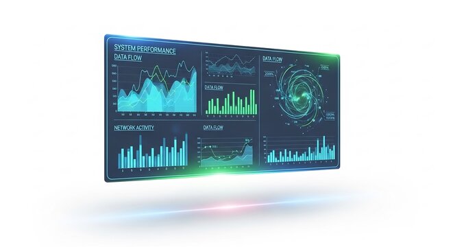 鮮やかな青い光を放ち宙に浮かぶ未来的なデジタル表示パネルが複雑なデータグラフと抽象的な情報を動的に可視化し先進的なビジネス分析と科学研究の美学を創造する. AI Generated