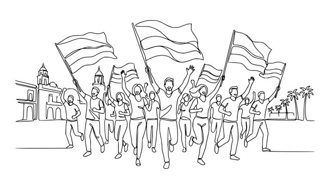 Diverse crowd marching with flags, celebrating freedom and unity in a city