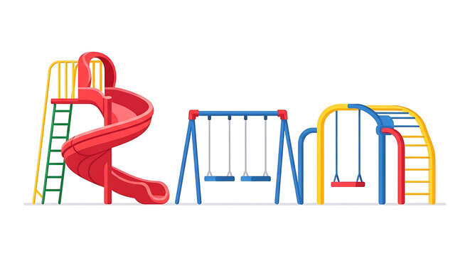 Colorful playground set with red spiral slide blue swing and yellow climbing equipment isolated as vector clipart for childrens play area design
