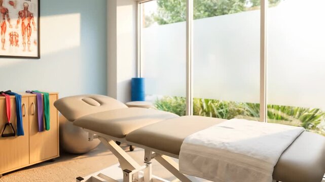 Therapy Room Massage Table with Resistance Bands, Physio Chart, and Natural Light.