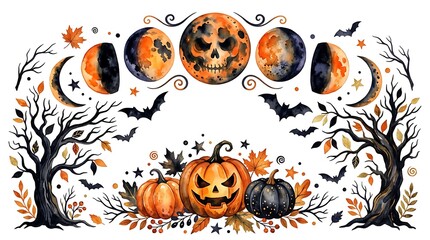 Fototapeta premium Watercolor halloween composition with skull moon, jackolanterns, and spooky trees isolated on white background