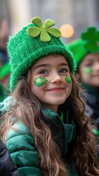 A young girl with green face paint and a shamrock hat smiles while wearing a green jacket. AI.