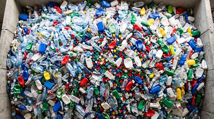Fototapeta premium Pile of colorful plastic waste bottles and caps collected for recycling in an industrial facility to reduce environmental pollution organic ecology background concept