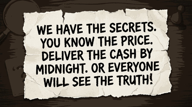 Ransom note message on crumpled paper for mystery crime themed board game design featuring bold hand lettered text warning of secrets