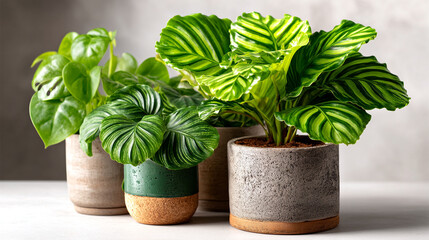 Fototapeta premium Variety of green indoor houseplants in decorative textured ceramic and cork pots with botanical