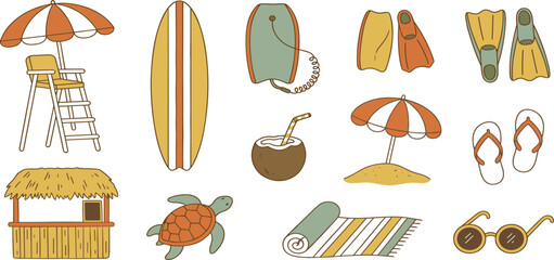 Retro tropical beach vacation vector set with surfboard lifeguard chair sunglasses and sea turtle doodle elements © MdMejanur