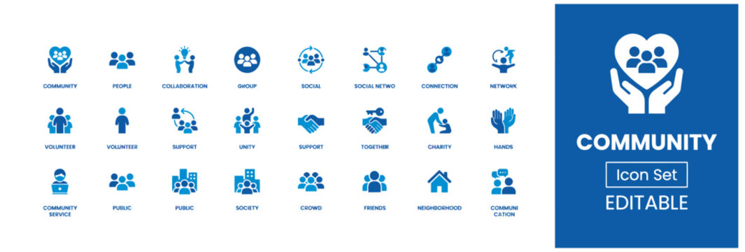 Community and social engagement icon set for collaborative projects and human connection
