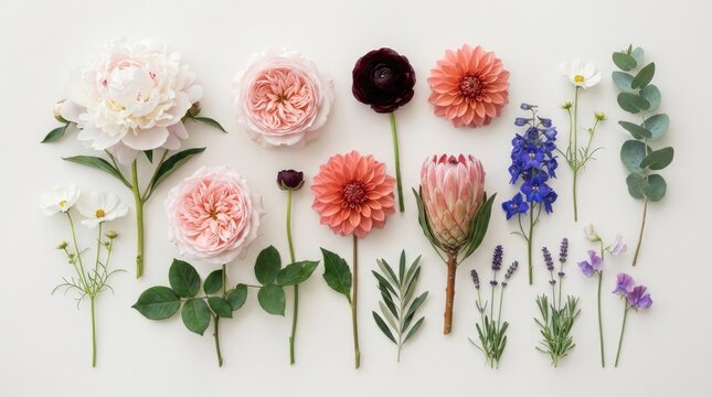 A variety of flowers arranged on a white background, including peonies, ranunculus, and dahlias.