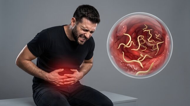 Adult man in severe pain holding stomach with red glow illustrating intestinal parasite infection and worm outbreak medical health concept