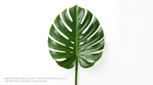 A single green monstera leaf with white veins against a white background.