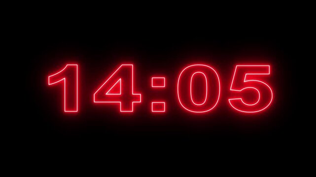 glowing neon 15 minute Countdown. neon 15 to 14 minute Countdown timer on black background