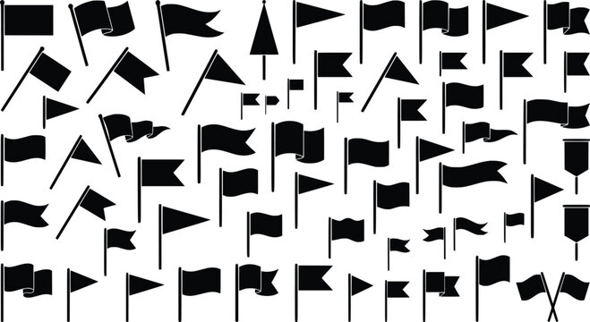 Black flag silhouette icons set, minimalist pennant and banner shapes, 60 vector flag symbols for maps and navigation UI