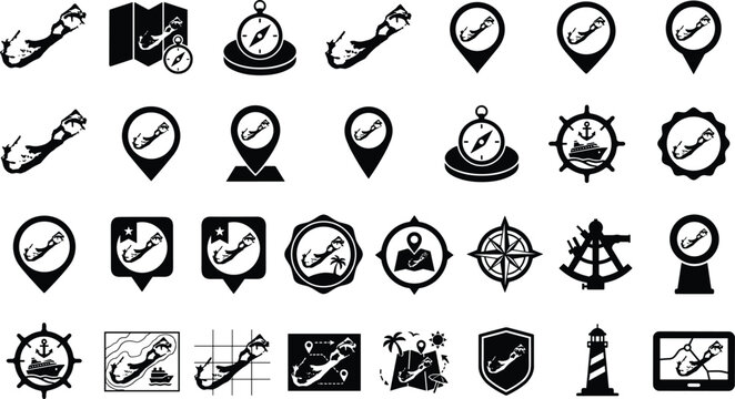 Bermuda island map navigation icons showing travel routes compass markers and location points set