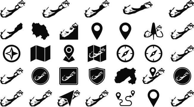 Bermuda map icon set with various island silhouettes navigation markers and geographical shapes
