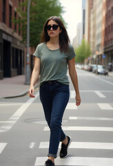 Fototapeta premium Young woman in casual attire and sunglasses walking confidently across a city street crosswalk during the day