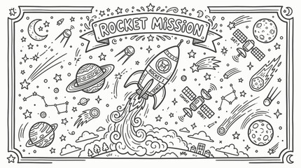 Playful rocket mission doodle featuring planets, stars, and spaceships in space. © pixmastock