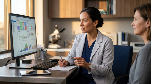 Medical Professional Discussing Patient Data On Computer Screen