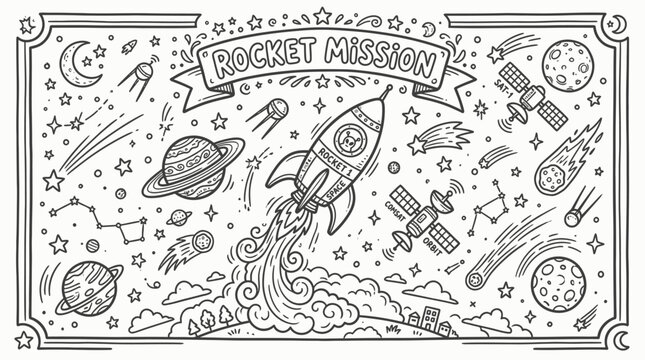Playful rocket mission doodle featuring planets, stars, and spaceships in space.