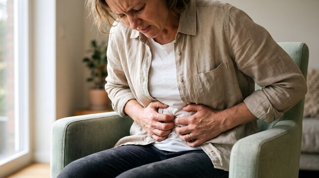Mature woman sitting in armchair clutching her stomach in acute pain due to digestive infection or parasite outbreak medical healthcare lifestyle concept