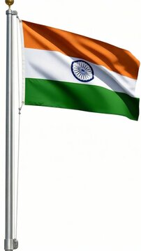 The Indian flag waving in the wind against a blue sky.