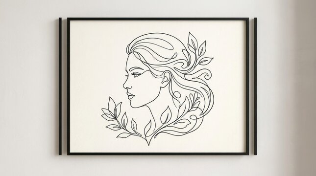 A framed black and white illustration of a woman with long hair and floral elements, set against a plain white background.