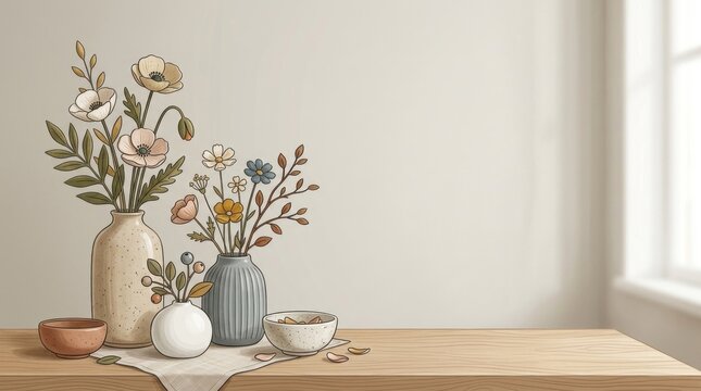 A wooden table with a white tablecloth, a vase with flowers, a bowl, and a bowl of cereal on it, against a light-colored wall with a window.