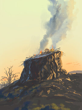 Depiction of a ram sacrificed on an ancient altar of burnt offering. Biblical illustration. Mount Moriah.