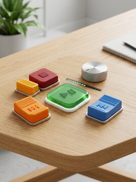 Smart Home Devices on a Wooden Table.
