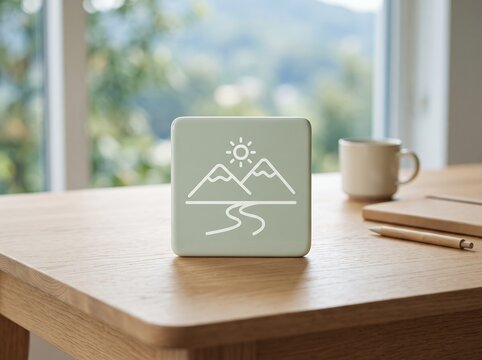 Small decorative cube with mountain landscape icon on wooden table.