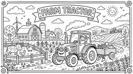 Obraz premium Illustration of a Farm Tractor in the Countryside with Fields, Barns and Farmyard.