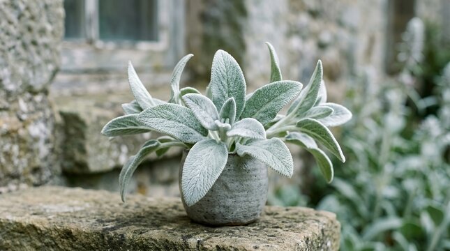 Soft Lambs Ear Plant in a Textured Pot Outdoors.