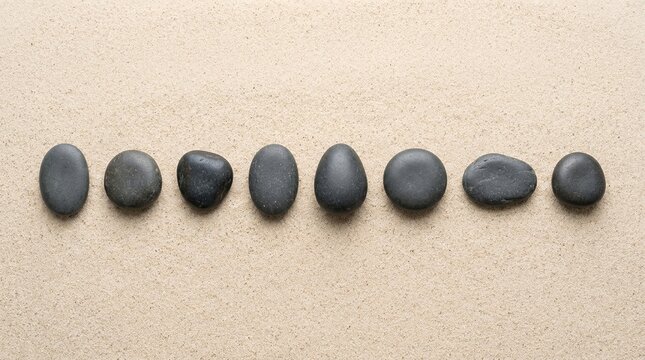 Smooth Dark Stones Lined Up on a Neutral Background.